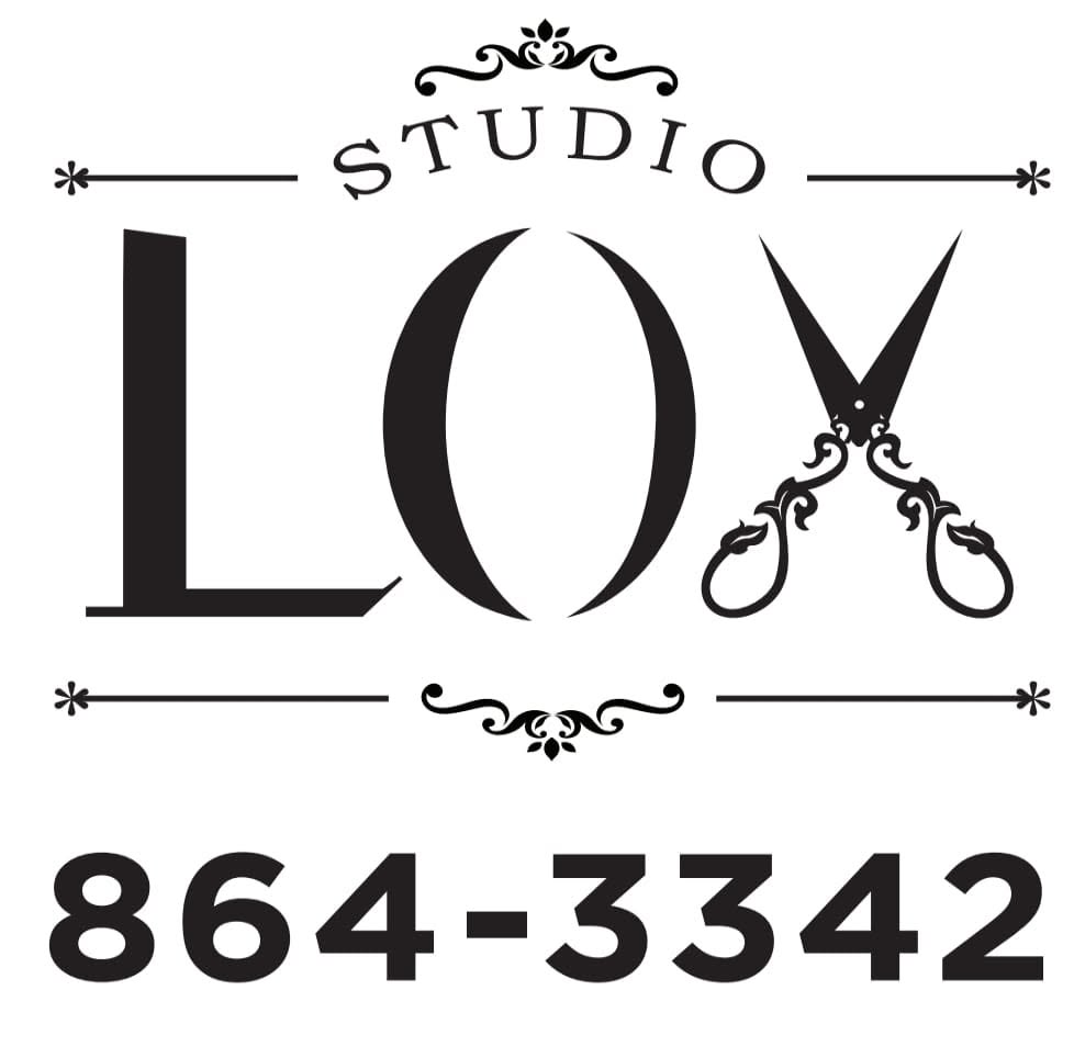 Studio Lox logo — ornate lettering with scissors, phone 864-3342